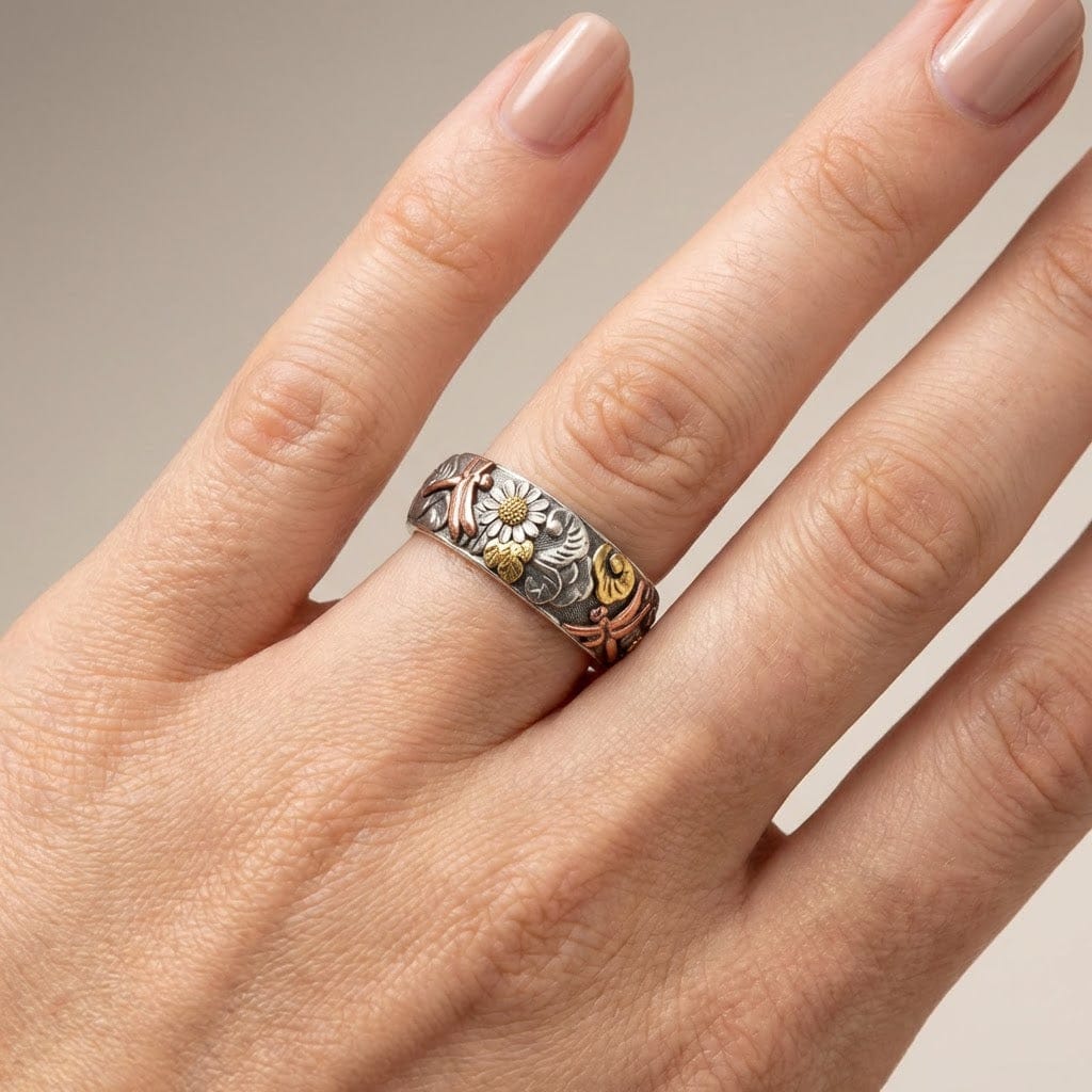 Vintage ambachtelijke zilveren ring met libel en zonnebloem