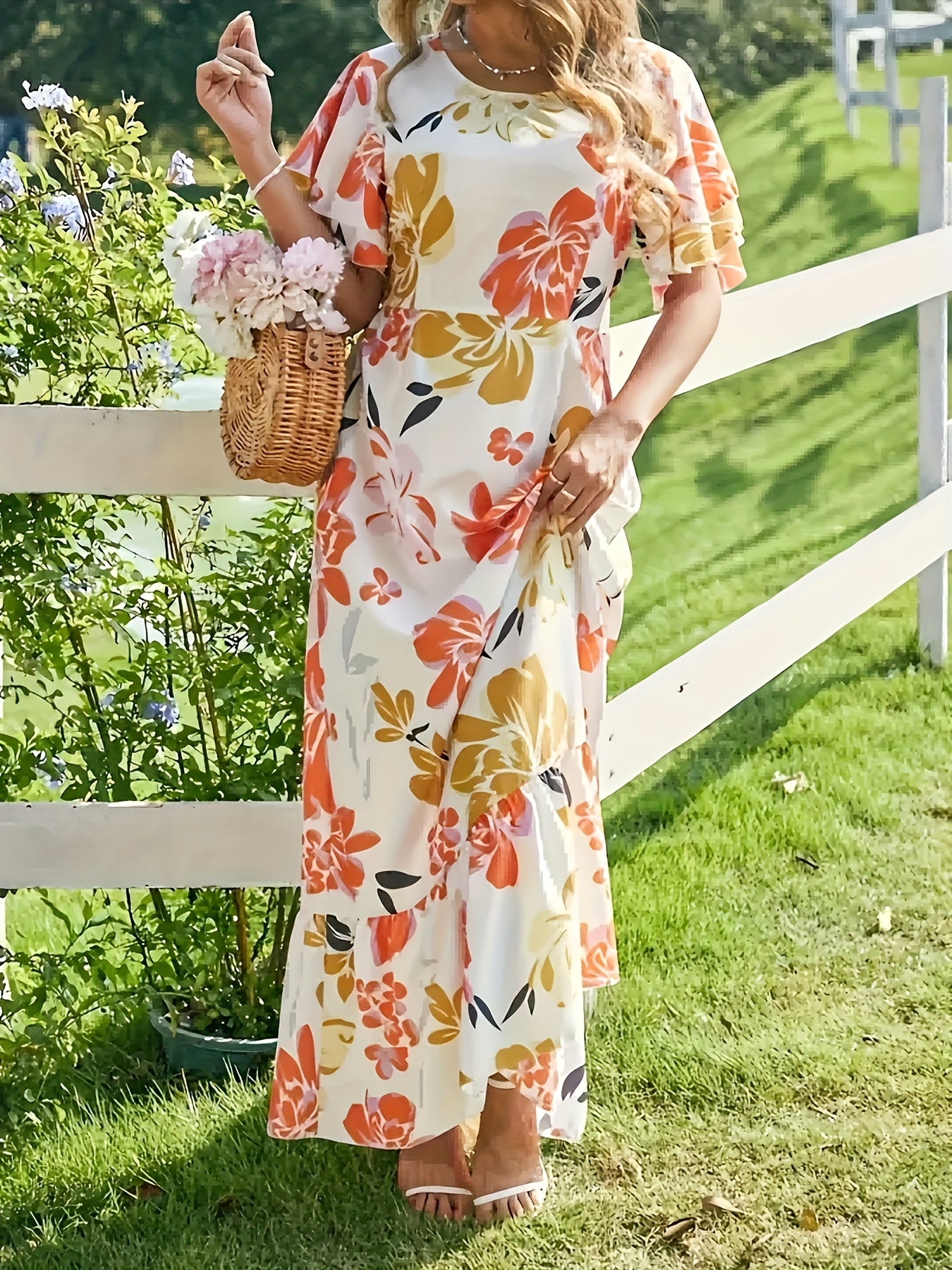 Lange jurk met grote bloemen in warme oranje en gouden tinten