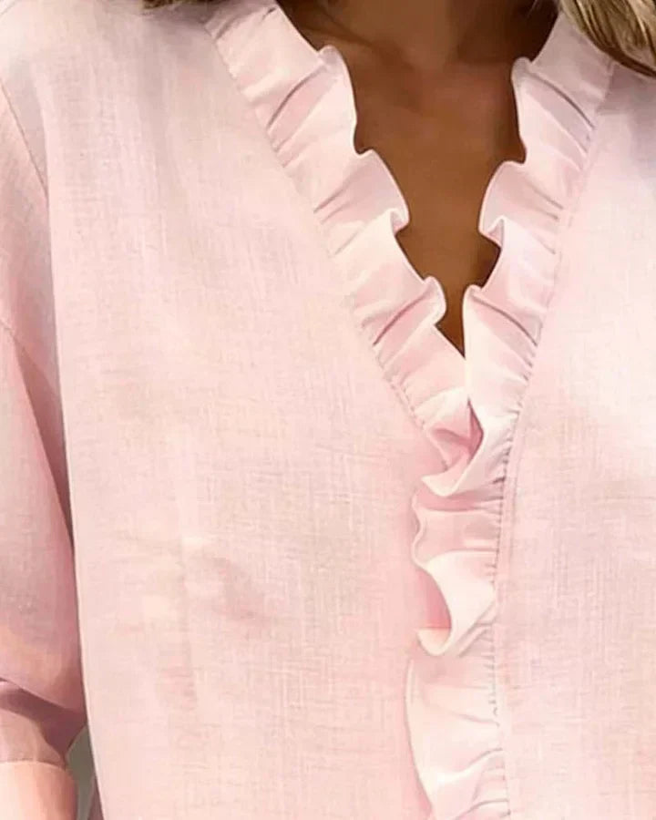 Susan | Blouse met volant, V-hals en lange mouwen