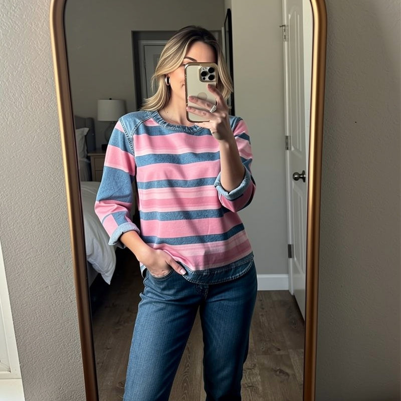 FREIA | Zachte gestreepte top met denim details