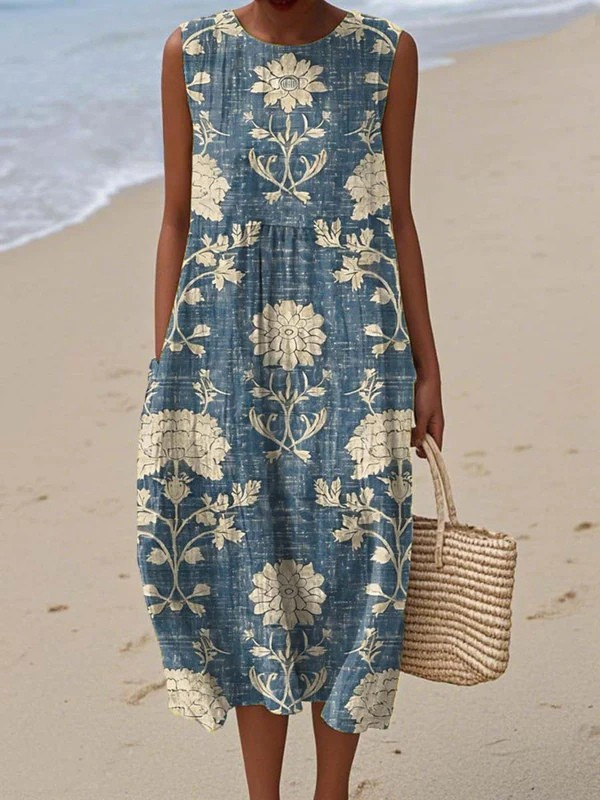Lange zomerjurk met vintage bloemenprint