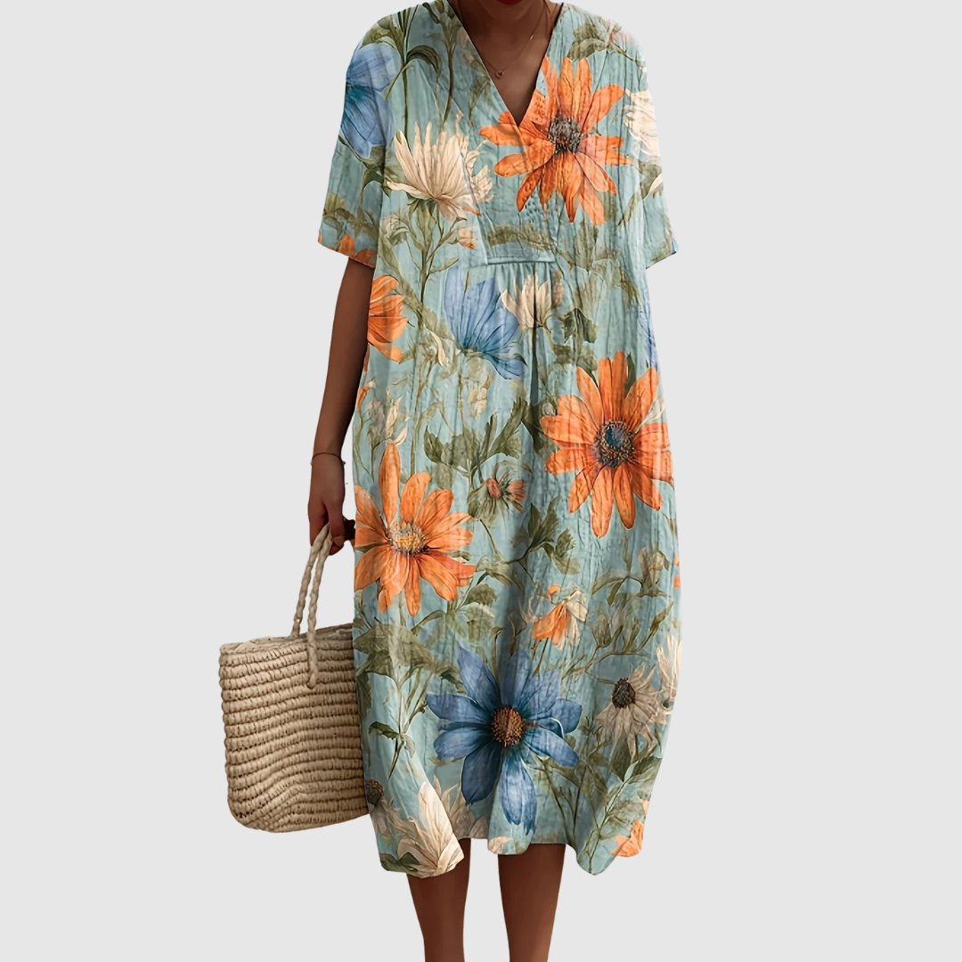Midi zomerjurk met aquarel bloemenprint