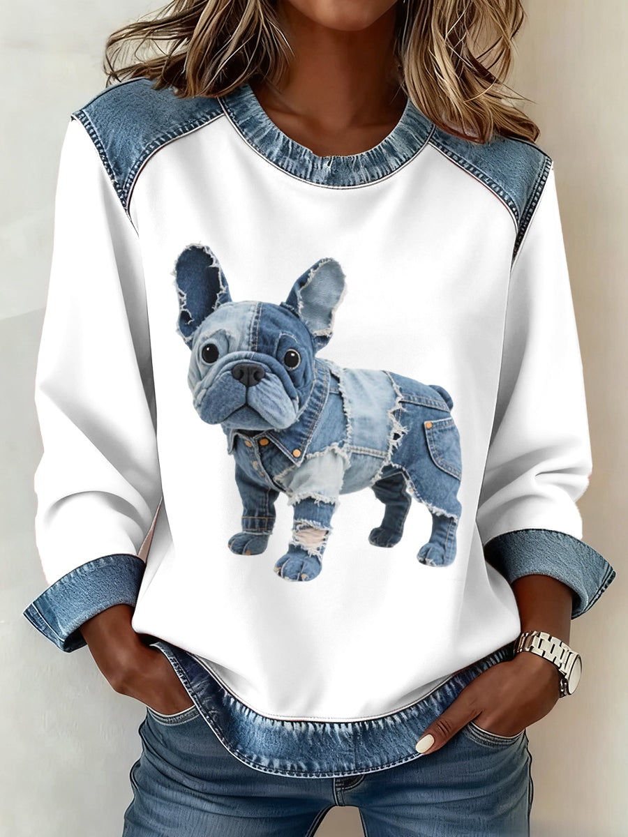 Alma – Dame-sweatshirt med denim-patchwork i fransk bulldog-stil