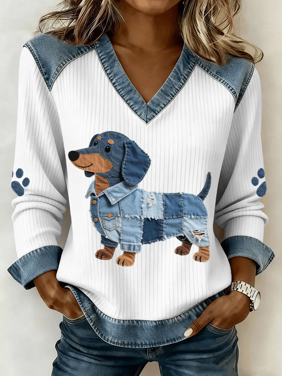 Sombra – Fortryllende gravhunde-dame-top med kunstnerisk denim-patchwork og V-udskæring