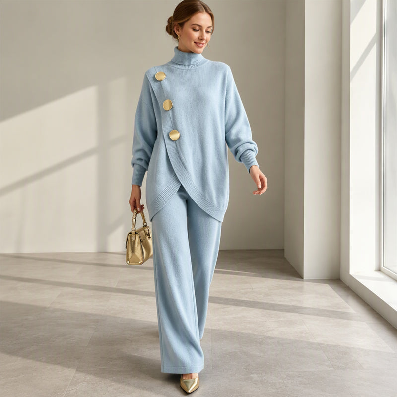 Lorena | Gebreide set met col en wijde broek