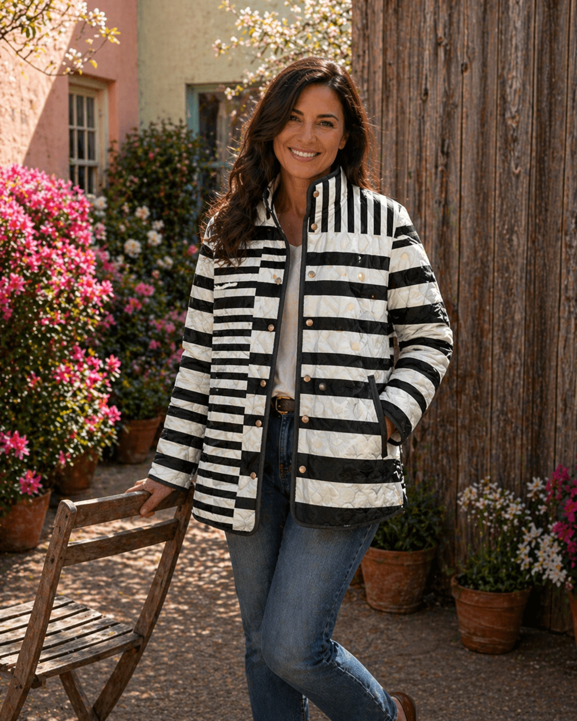 Miren | Veste Matelassée Rayée Noir et Blanc