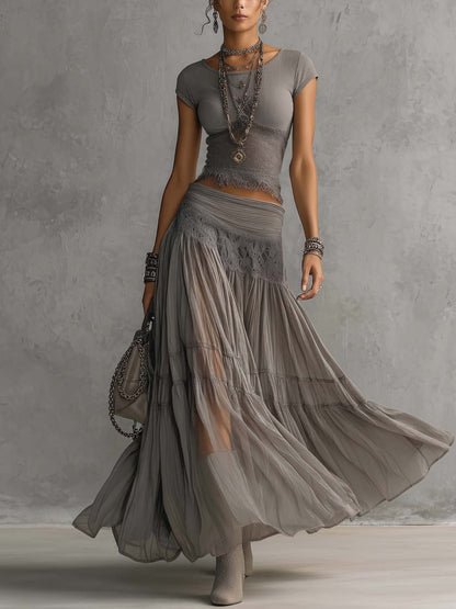 Lisa Lace-Paneled Top and Pleated Maxi Skirt Set