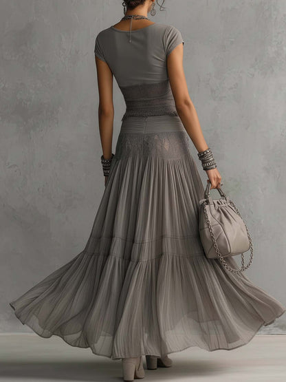 Lisa Lace-Paneled Top and Pleated Maxi Skirt Set