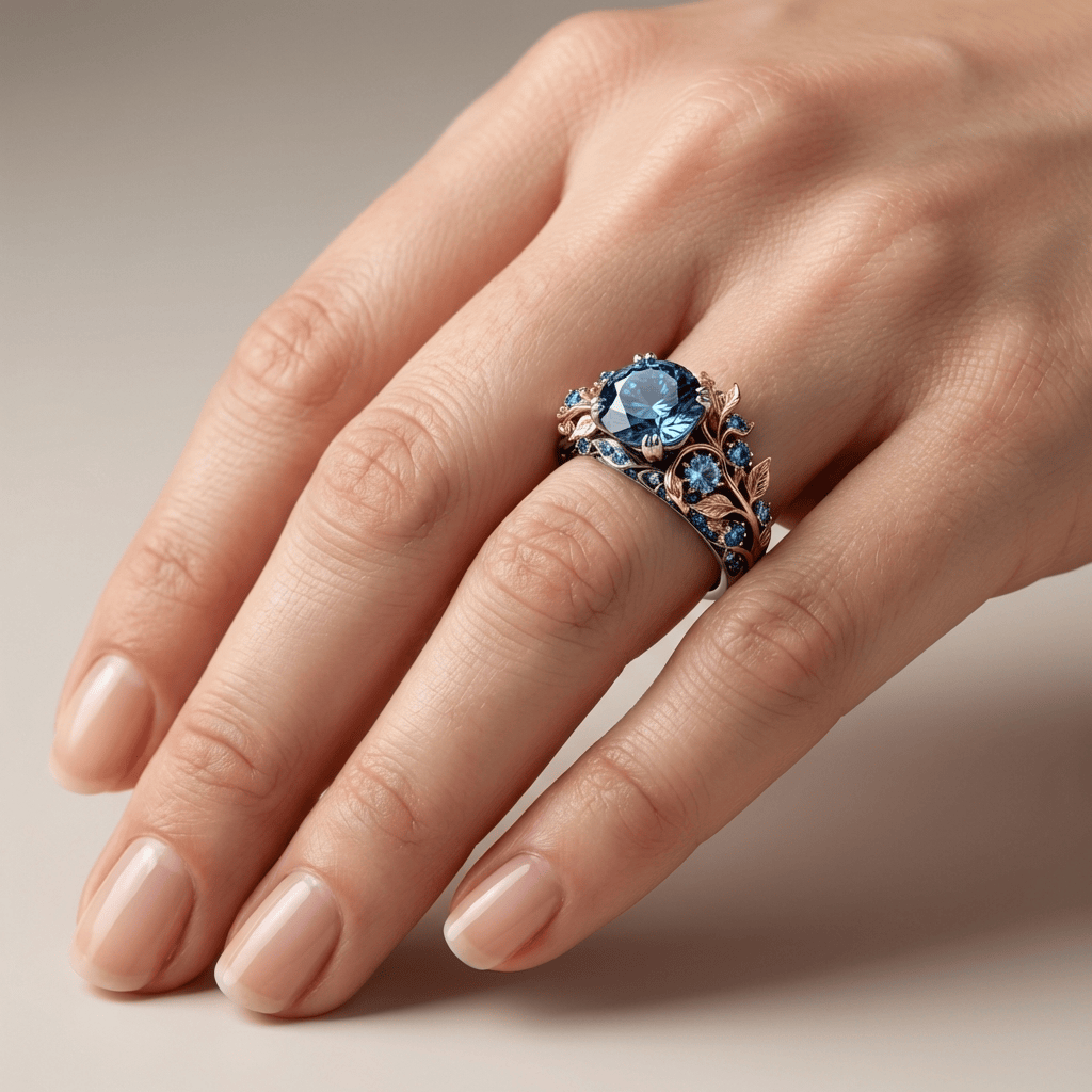 Vintage ambachtelijke ring met blauwe topaas - Goud