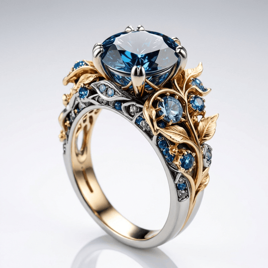 Vintage ambachtelijke ring met blauwe topaas - Goud