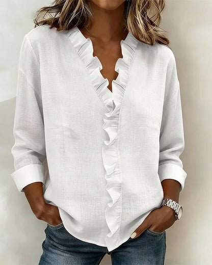 Susan | Blouse met volant, V-hals en lange mouwen