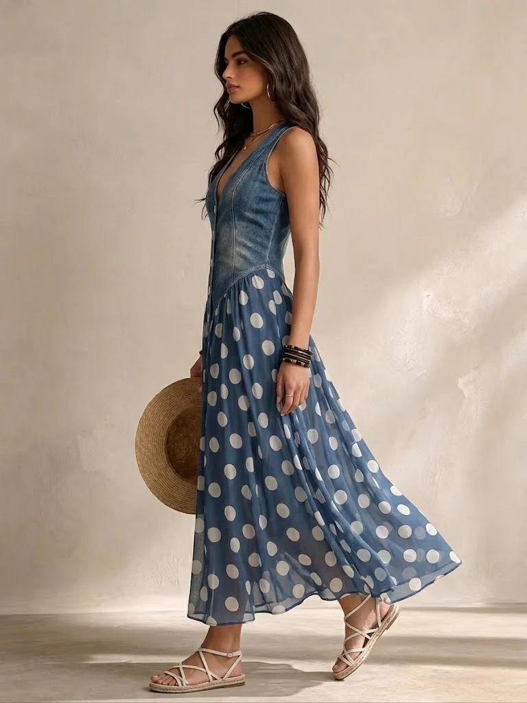 Adeline | Lange Denim Jurk met Stippen