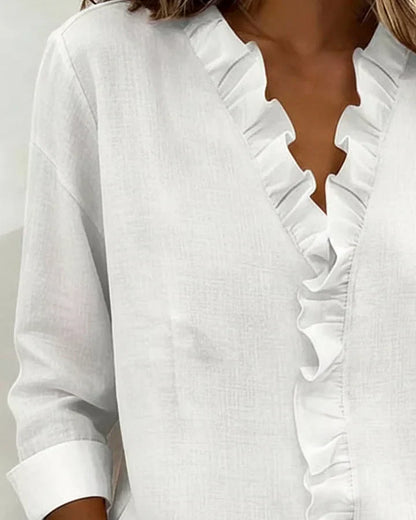 Susan | Blouse met volant, V-hals en lange mouwen