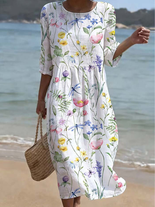 Midi zomerjurk met aquarel bloemenprint van klaprozen, tulpen en lavendel