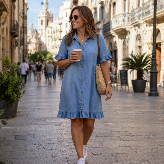 Elodie | Comfortabele Denim Jurk met Gerimpeld Detail