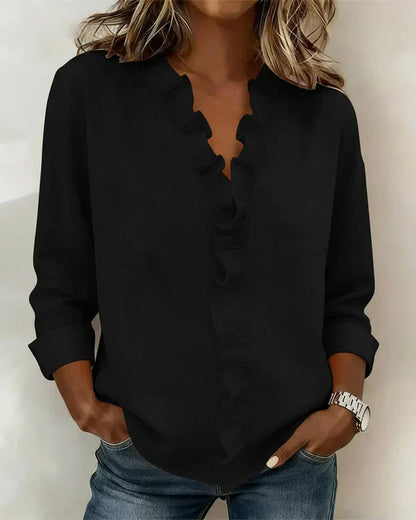 Susan | Blouse met volant, V-hals en lange mouwen