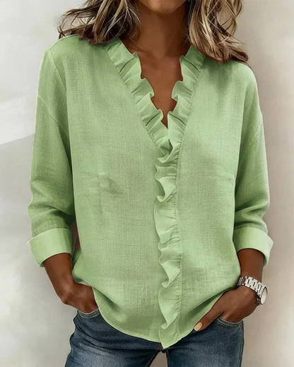 Susan | Blouse met volant, V-hals en lange mouwen