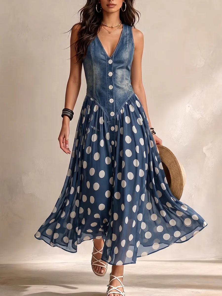 Adeline | Lange Denim Jurk met Stippen