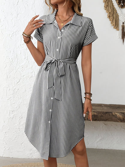 Giada - Elegante gestreepte midi-jurk voor dames met ceintuur