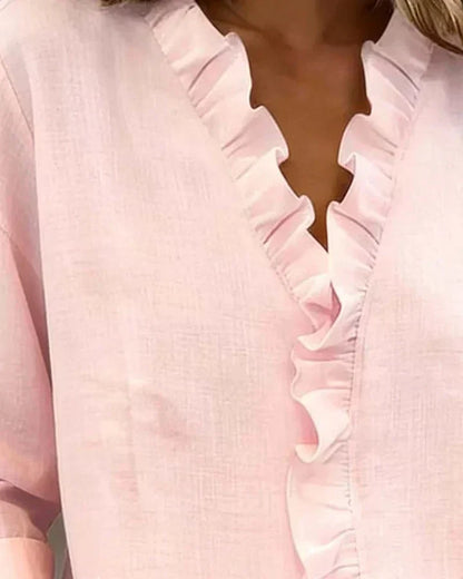 Susan | Blouse met volant, V-hals en lange mouwen