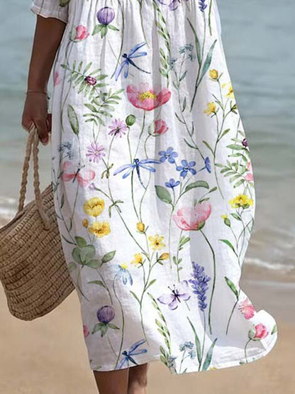 Midi zomerjurk met aquarel bloemenprint van klaprozen, tulpen en lavendel