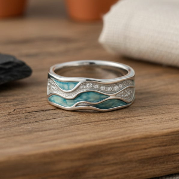 Zilveren ring met turquoise golven