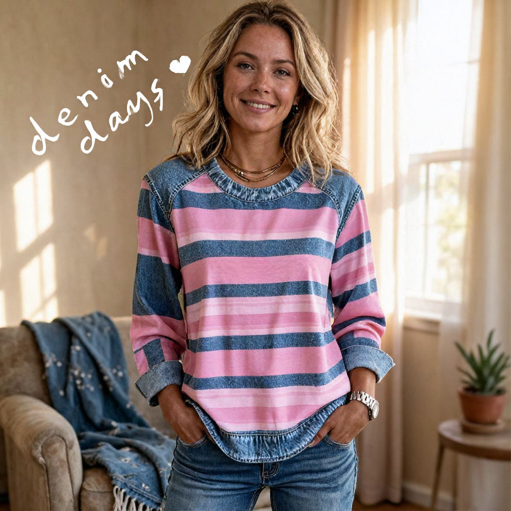 FREIA | Zachte gestreepte top met denim details