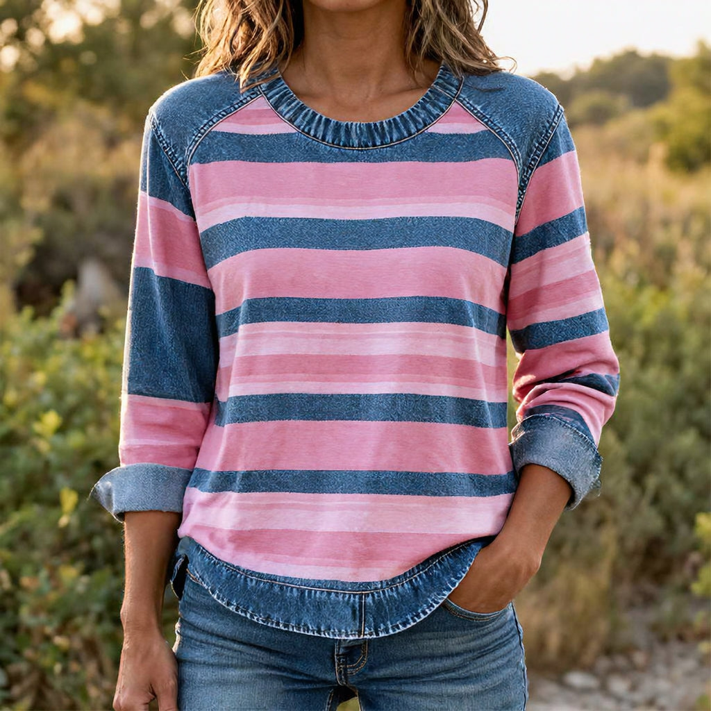 FREIA | Zachte gestreepte top met denim details