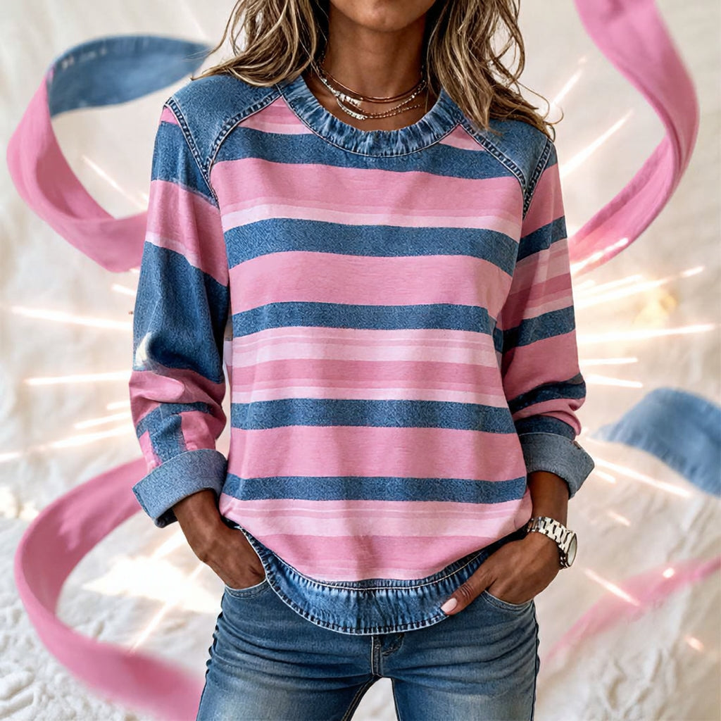 FREIA | Zachte gestreepte top met denim details