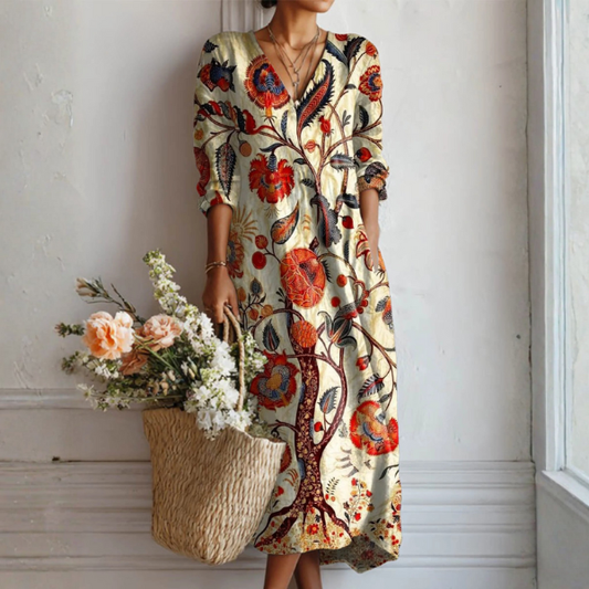 Lange jurk met botanische print en V-hals