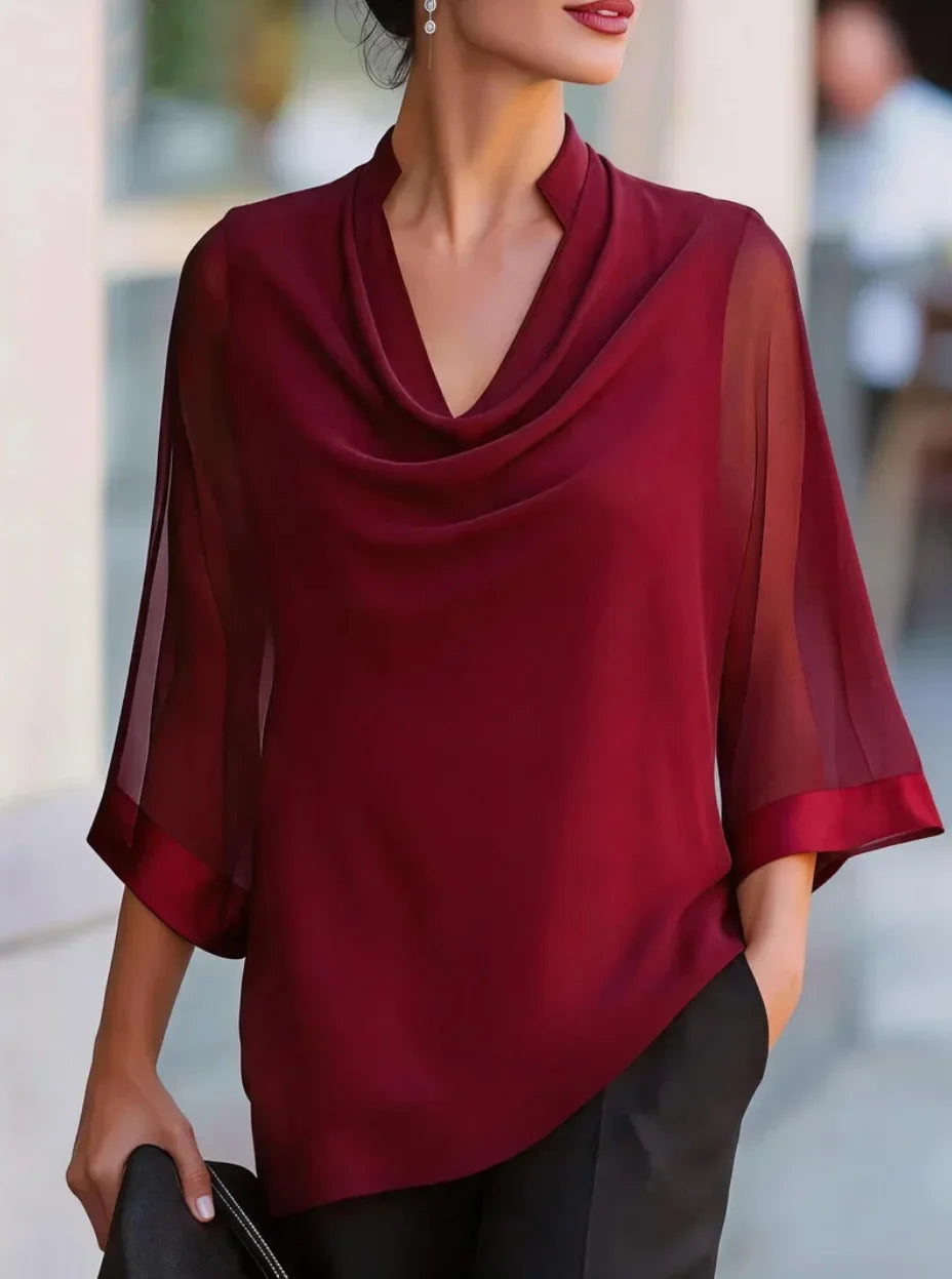 Women Elegant Draped Neck Blouse 3/4 Sheer Mesh Sleeve Solid Color Loose Office Work Top