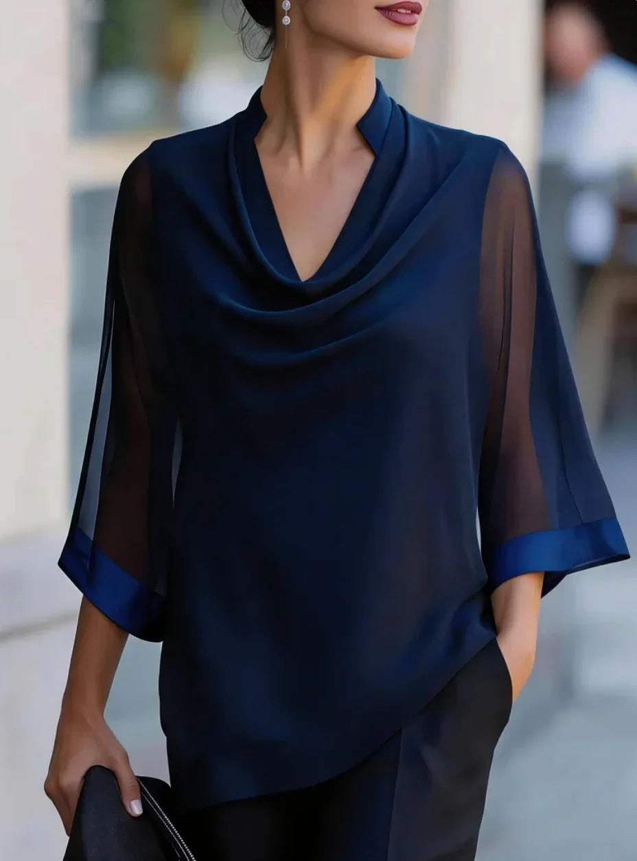 Women Elegant Draped Neck Blouse 3/4 Sheer Mesh Sleeve Solid Color Loose Office Work Top