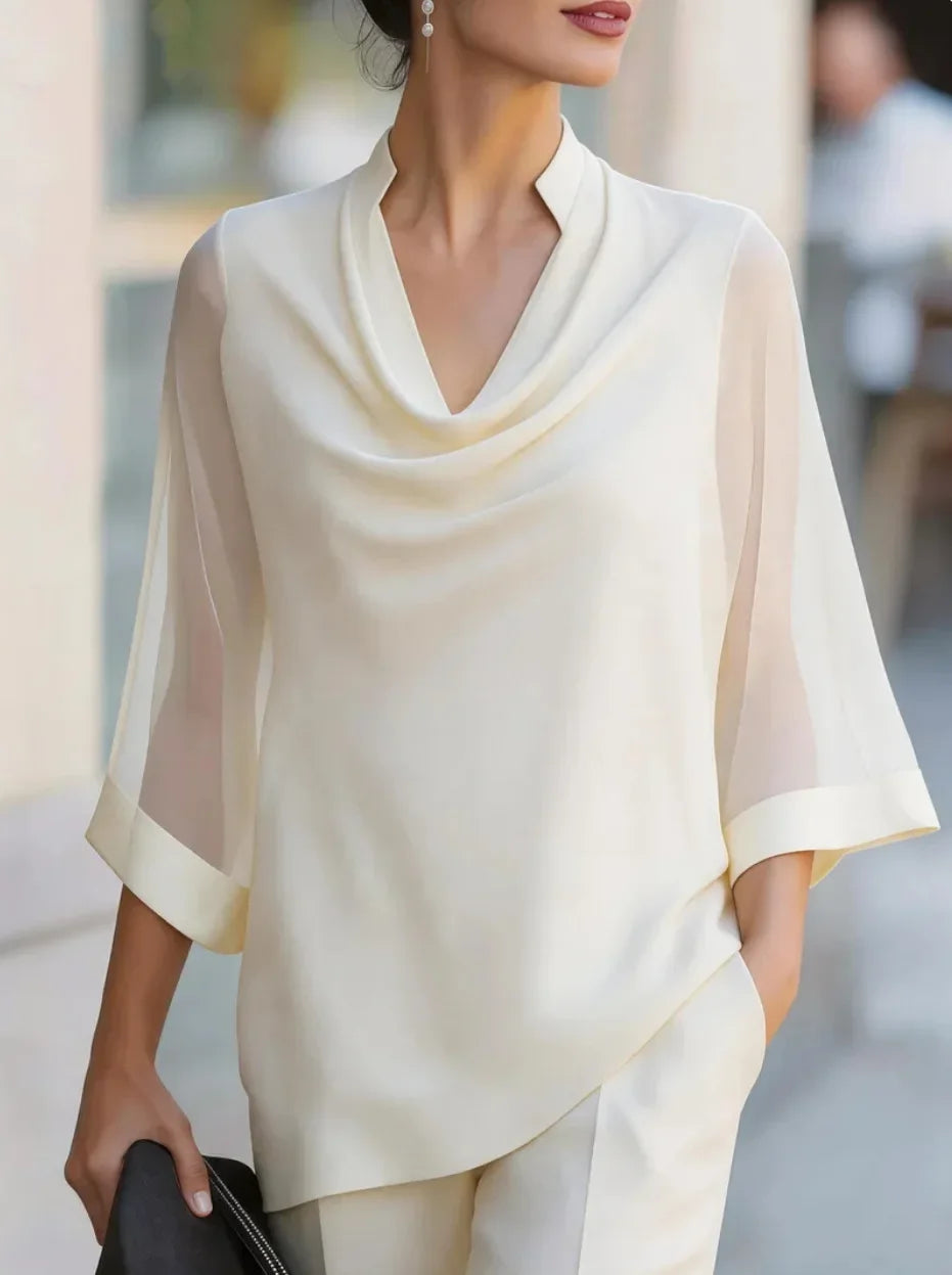 Women Elegant Draped Neck Blouse 3/4 Sheer Mesh Sleeve Solid Color Loose Office Work Top