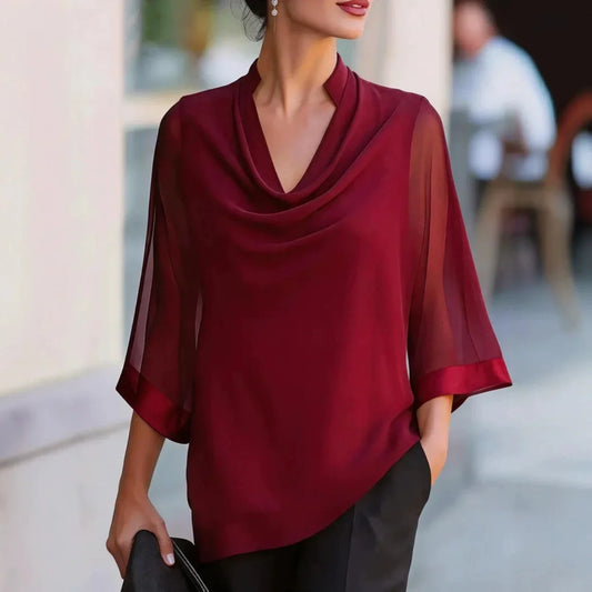 Women Elegant Draped Neck Blouse 3/4 Sheer Mesh Sleeve Solid Color Loose Office Work Top
