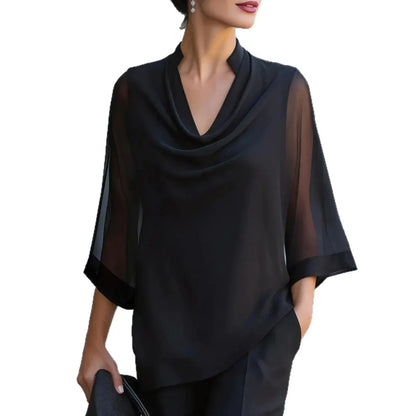 Women Elegant Draped Neck Blouse 3/4 Sheer Mesh Sleeve Solid Color Loose Office Work Top