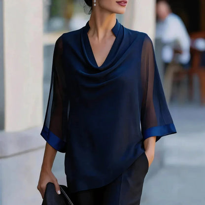 Women Elegant Draped Neck Blouse 3/4 Sheer Mesh Sleeve Solid Color Loose Office Work Top