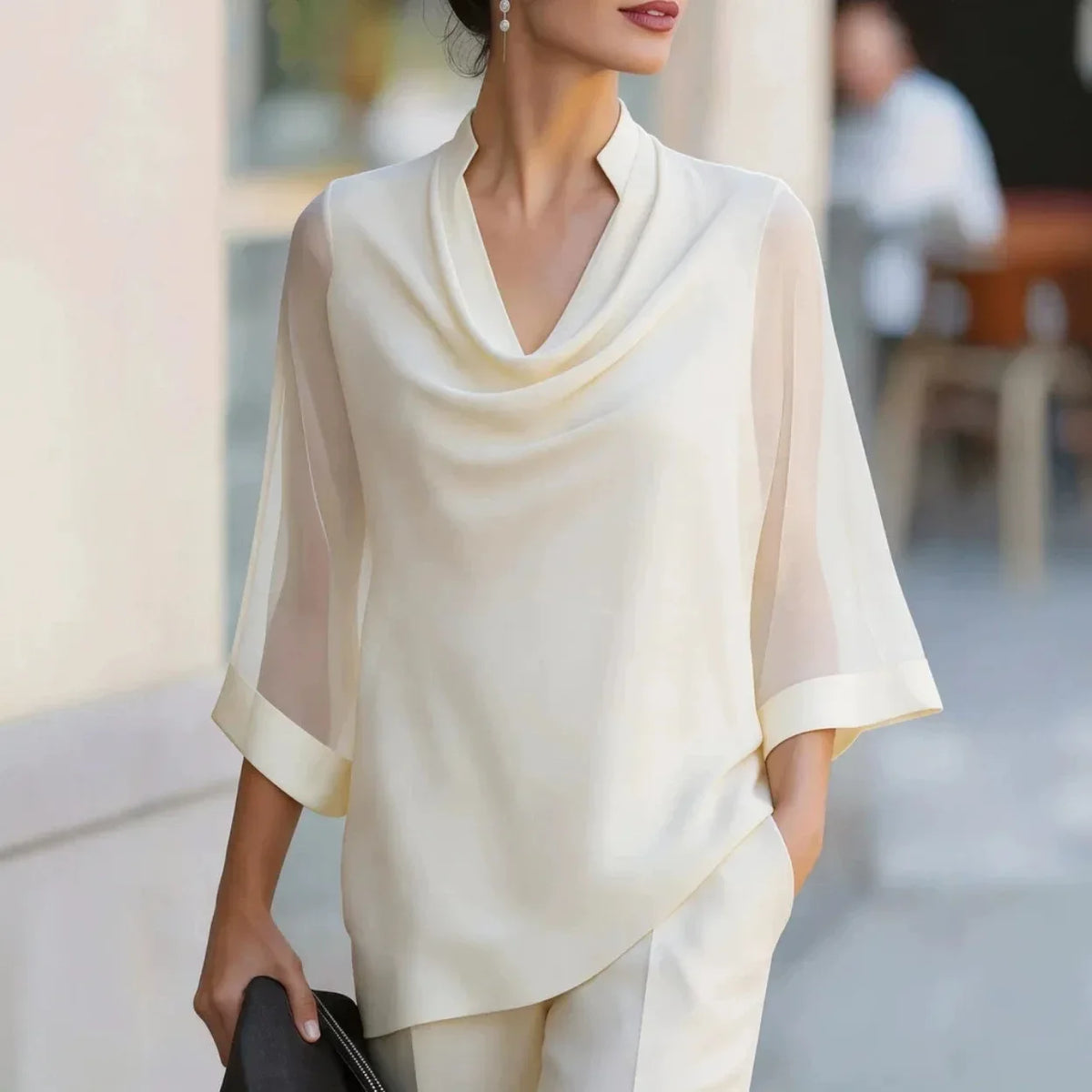 Women Elegant Draped Neck Blouse 3/4 Sheer Mesh Sleeve Solid Color Loose Office Work Top