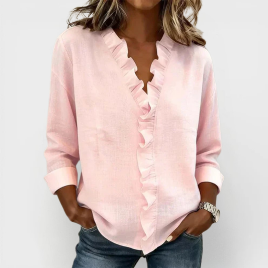 Susan | Blouse met volant, V-hals en lange mouwen