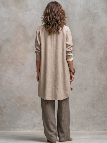 Lidia - Casual driedelige set in beige en grijs, met elegante broek met wijde pijpen