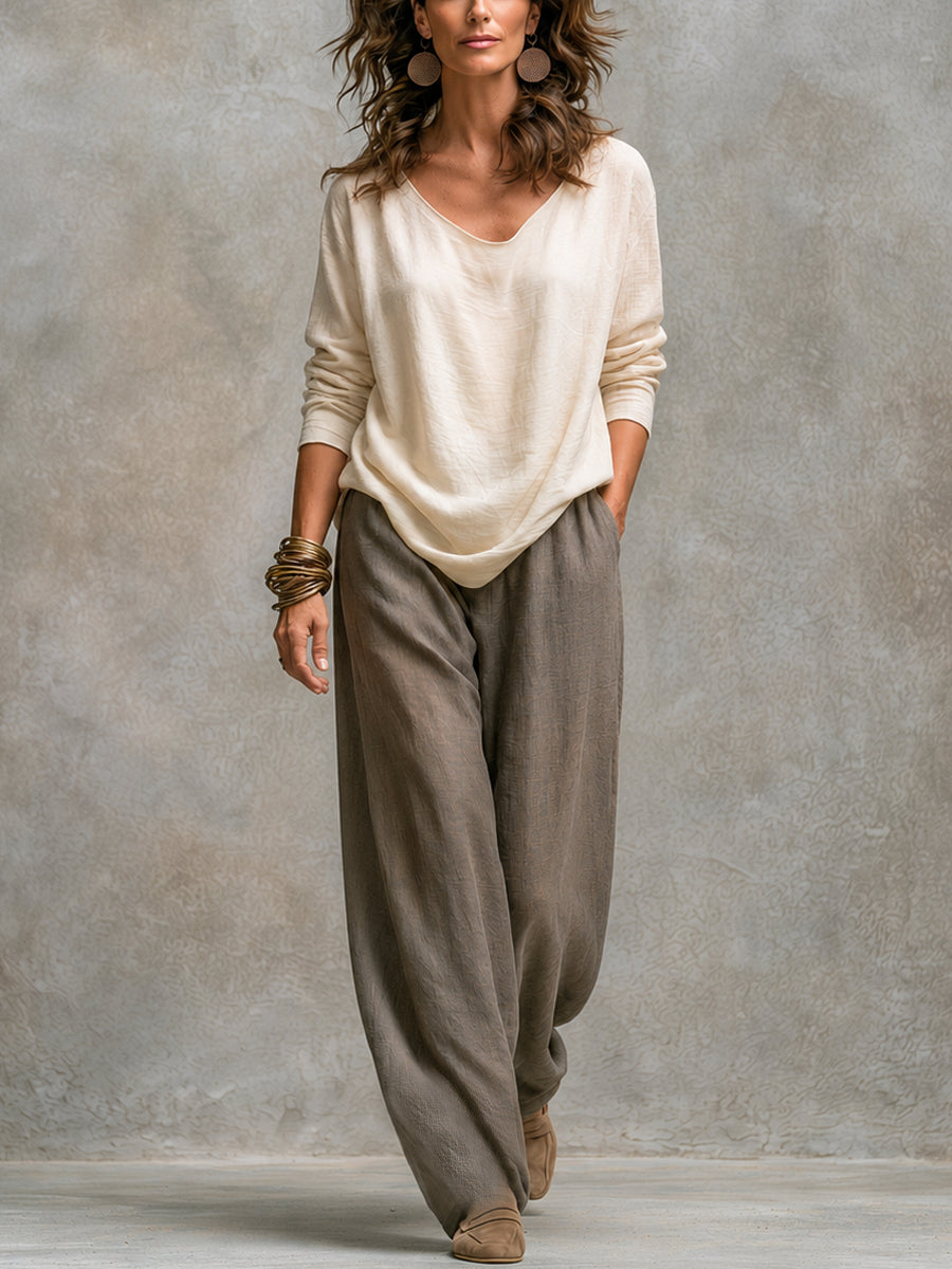 Lidia - Casual driedelige set in beige en grijs, met elegante broek met wijde pijpen