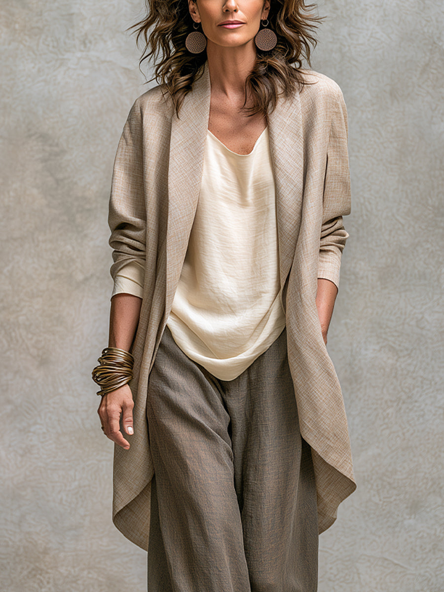 Lidia - Casual driedelige set in beige en grijs, met elegante broek met wijde pijpen