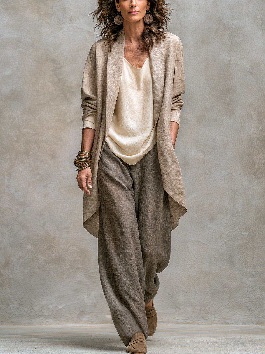 Lidia - Casual driedelige set in beige en grijs, met elegante broek met wijde pijpen