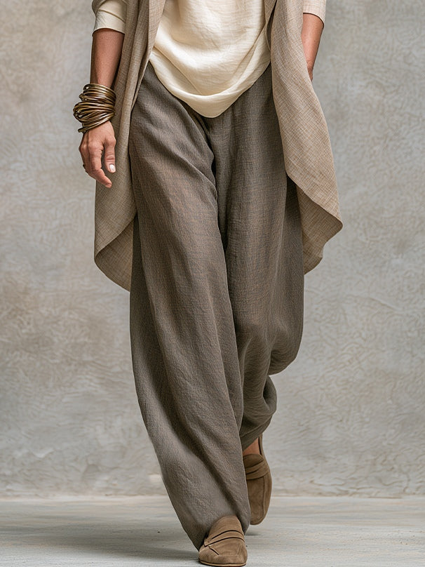 Lidia - Casual driedelige set in beige en grijs, met elegante broek met wijde pijpen