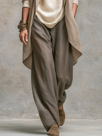 Lidia - Casual driedelige set in beige en grijs, met elegante broek met wijde pijpen