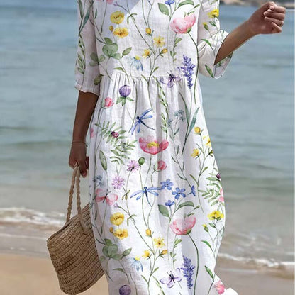 Midi zomerjurk met aquarel bloemenprint van klaprozen, tulpen en lavendel