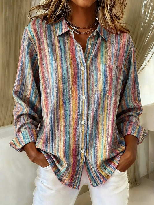 Retro gestreept casual damesoverhemd
