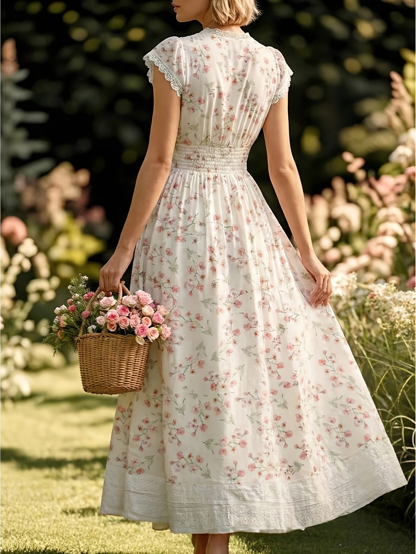 Midi Abito Rosa con Fiori di Ciliegio