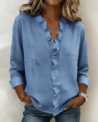 Susan | Blouse met volant, V-hals en lange mouwen
