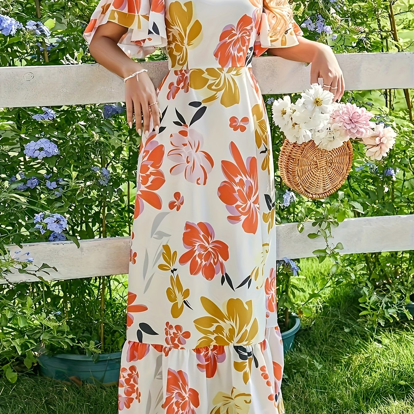 Lange jurk met grote bloemen in warme oranje en gouden tinten