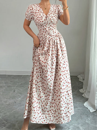 Maxi Abito con Piccoli Fiori di Papavero Rosso
